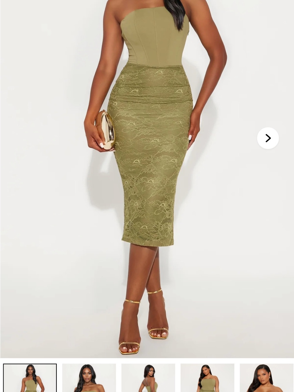 Fashion Nova Strapless Lace Draped Midi Dress in Light Gold